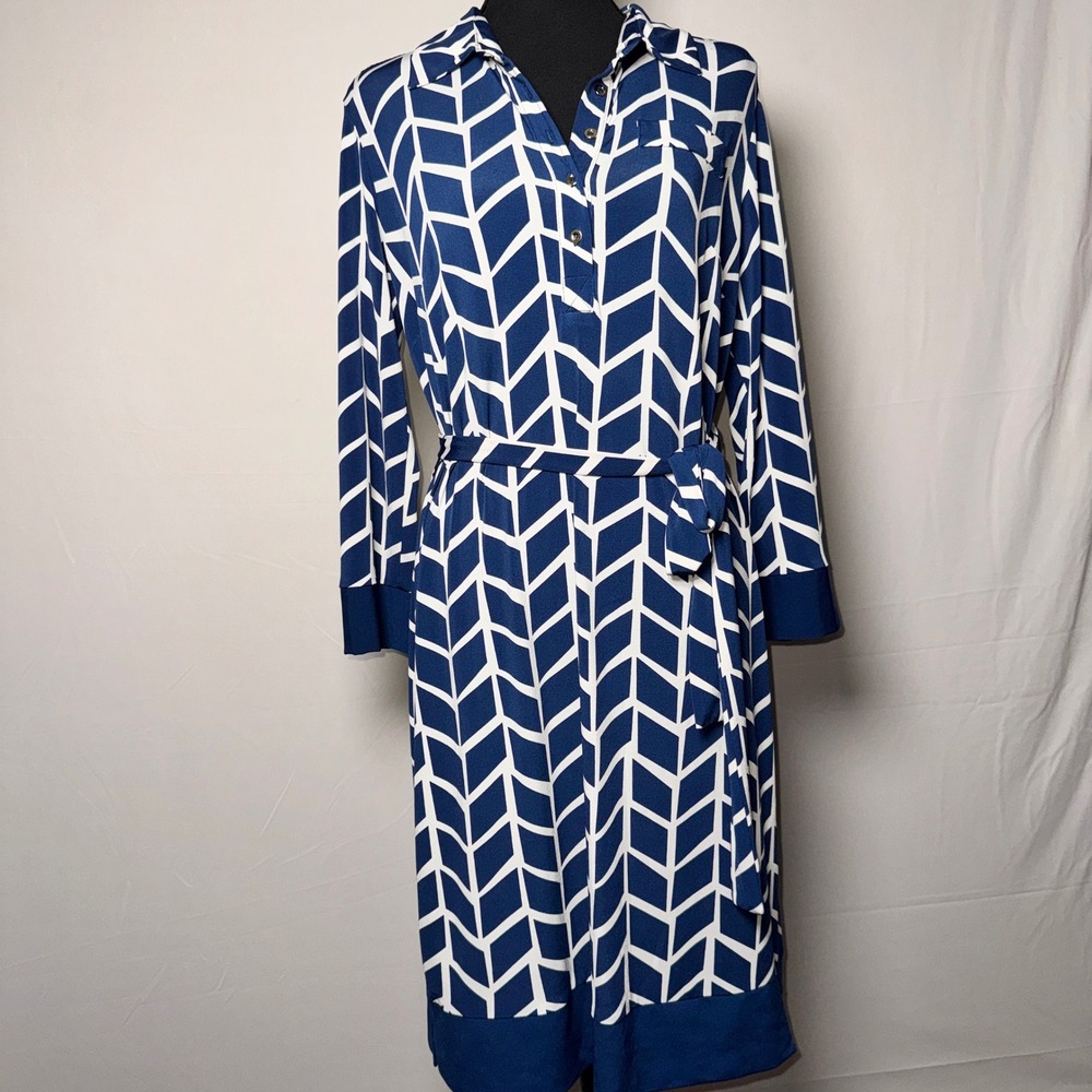 Donna Morgan Blue White Geometric Chevron Shirt Dress Long Sleeve Belted Size 10